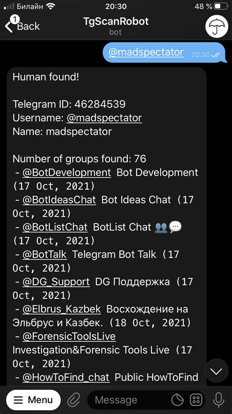tgscanrobot @TgScanRobot finds which telegram groups a person has joined! There are 600+ mil groups in TgScanRobot database